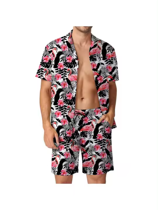 Conjunto informal de camisa holgada para hombre 2025, mangas cortas con estampado de playa junto al mar - 1