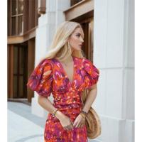 Vestido de Verano 2025 para Mujer Estampado Azul, Cuello en V, Ajuste Delgado, Envoltura de Cadera, Manga Corta - details 12