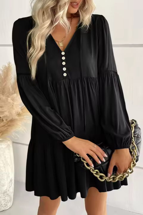 Elrachen Mini vestido negro de encaje con mangas abullonadas y botones con volantes, negro, tallas S-XL - 1