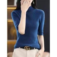 Suéter de mujer, jerséis de punto para primavera y verano, camisas ajustadas con cuello alto, jerséis de punto suaves de manga corta - details 3