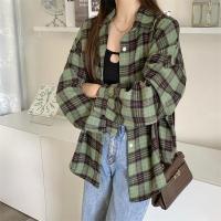Camisa de tartán de manga larga con cuello y botones para mujer, camisa a cuadros de gran tamaño, chaqueta de franela, traje Grunge para adolescente, primavera y verano - details 1
