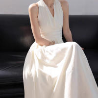 Vestido de Verano Largo con Cintura Estilo de Vacaciones Francés Beige - details 2
