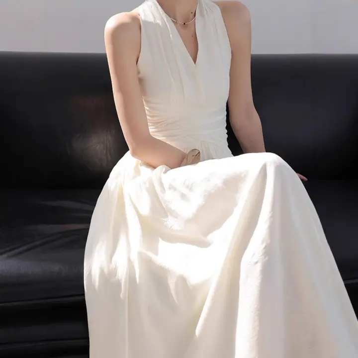 Vestido de Verano Largo con Cintura Estilo de Vacaciones Francés Beige - 1