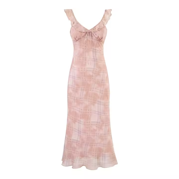 Vestido de Gasa de Verano Retro Francés Cuello en V, Manga Volante, Borde de Falda Larga y Versátil - 1