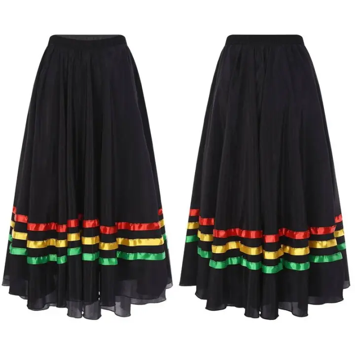 Faldas Flamenco español para mujer, vestidos de danza contemporánea moderna lírico, cintura alta, dobladillo a rayas, falda con - 1