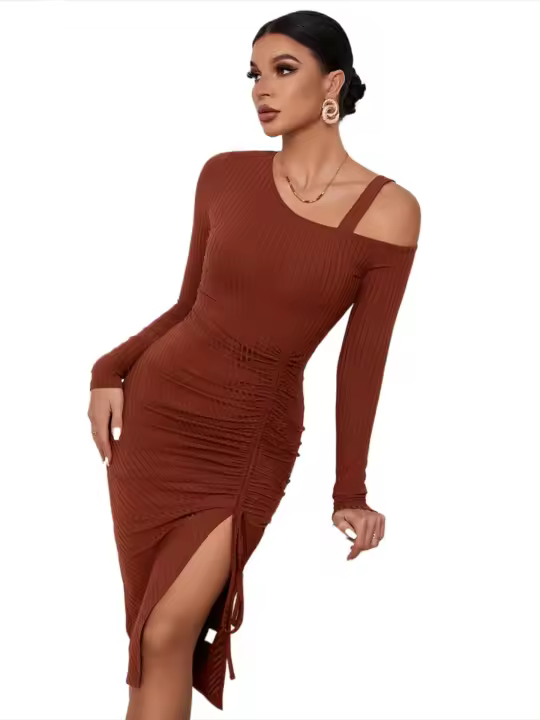 Vestido de punto para mujer, vestido midi de manga larga, hombros descubiertos, apertura elegante - 1