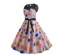 Lace patchwork summer women a line elegant vintage party dress with belt - details 96