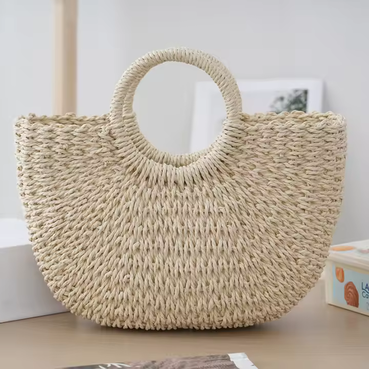 Bolso tejido a mano con cinta a la moda, bolso de playa de verano, bolso de paja de celebridad de Internet, bolso de vacaciones de playa estilo Mori para mujer - 1