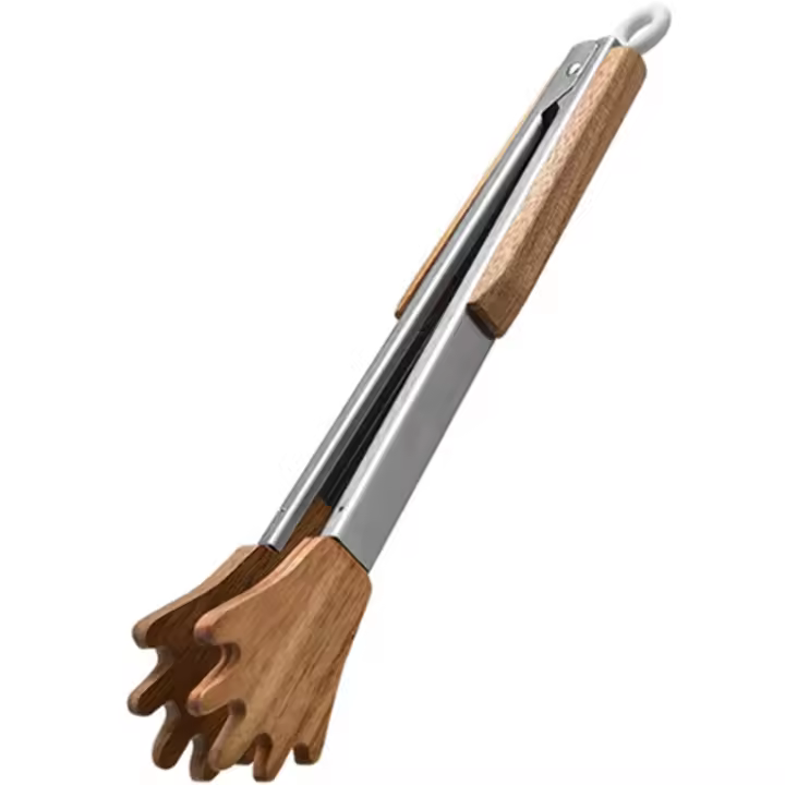Pinzas de madera para cocina, pinzas de acero inoxidable para cocinar, resistentes a altas temperaturas, antiadherentes - 1