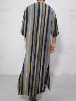 Ropa Árabe Para Hombres Kaftán Islámico De Algodón Con Rayas Traje Dubai Abaya Retro De Verano Y Otoño Estilo Casual - details 35