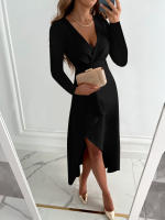 Vestido ajustado para mujer，Sexy elegante vestido Midi de manga larga profundoVVestido de fiesta con cuello - details 3