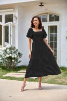 Vestido de manga corta fruncido con cuello cuadrado y espalda descubierta a la moda para mujer - details 13