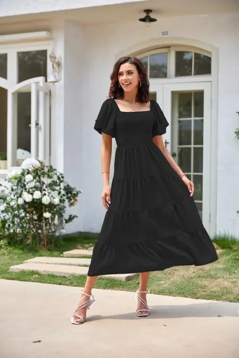 Vestido de manga corta fruncido con cuello cuadrado y espalda descubierta a la moda para mujer - 1