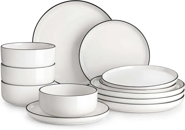 Juegos de platos y tazones, vajilla de porcelana moderna de 12 piezas para 4 juegos de vajilla de cocina blanca con borde negro - 1