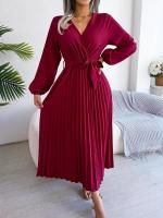 Vestido largo plisado de manga larga con cuello en V elegante para mujer - details 24
