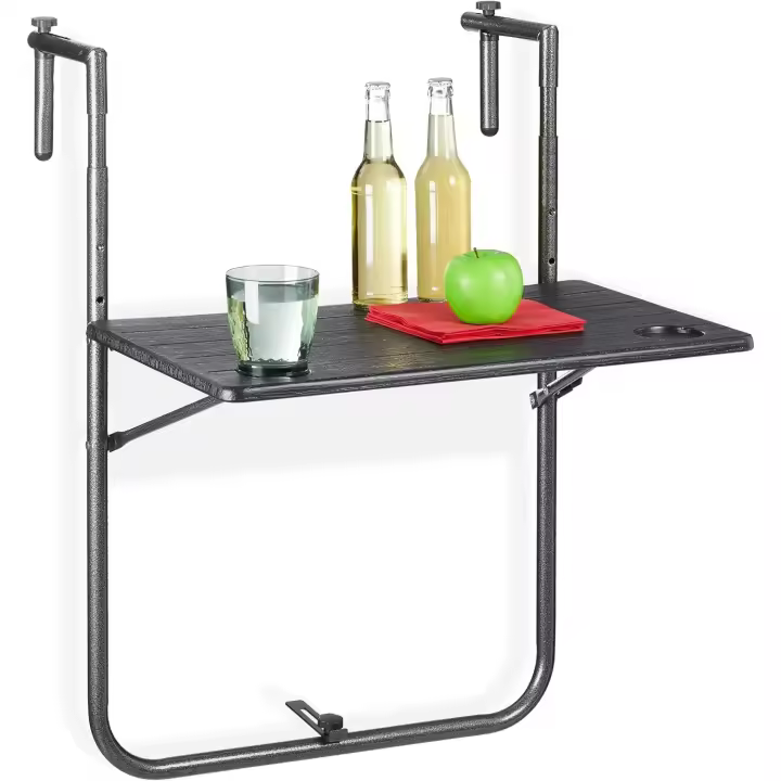 Mesa Plegable Balcón, 3 Alturas, Mesita Colgante Efecto Madera 59,5x36 cm, Mueble Exterior Barandilla, Negra - 1