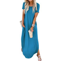 Vestido estilo camiseta con dobladillo curvado y cuello redondo con bolsillo liso para mujer, vestidos estilo francés para mujer, vestido largo informal y elegante de manga corta para verano, ropa de mujer para uso diario, vestidos de verano 2025 - details 2