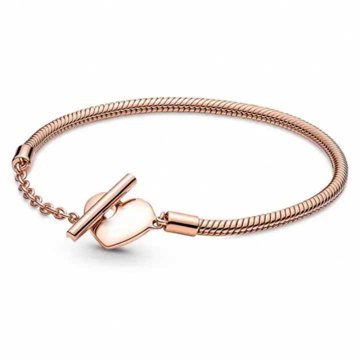 Pulsera de cadena de serpiente Moments con revestimiento de oro rosa con cierre en T y corazón - 1