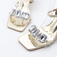Tacones altos con punta cuadrada, tacones gruesos con un botón de diamantes de imitación, sandalias de talla grande - details 10