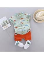 Conjunto de 2 piezas de camisa de manga corta con cuello alto y estampado de dinosaurio de dibujos animados para bebés y niños pequeños - details 0