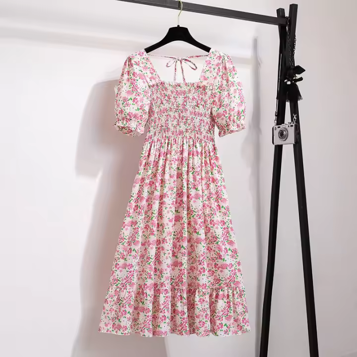 Vestido Midí de Mujer Bohémio para el Verano Chiffón con Cuello Cuadrado y Manga Corta - 1