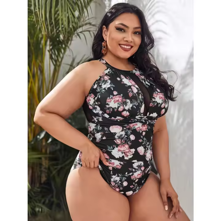 Bikini Talla Grande de Un Pieza Estampado Retro Traje de Baño Ajustado para Mujeres - 1