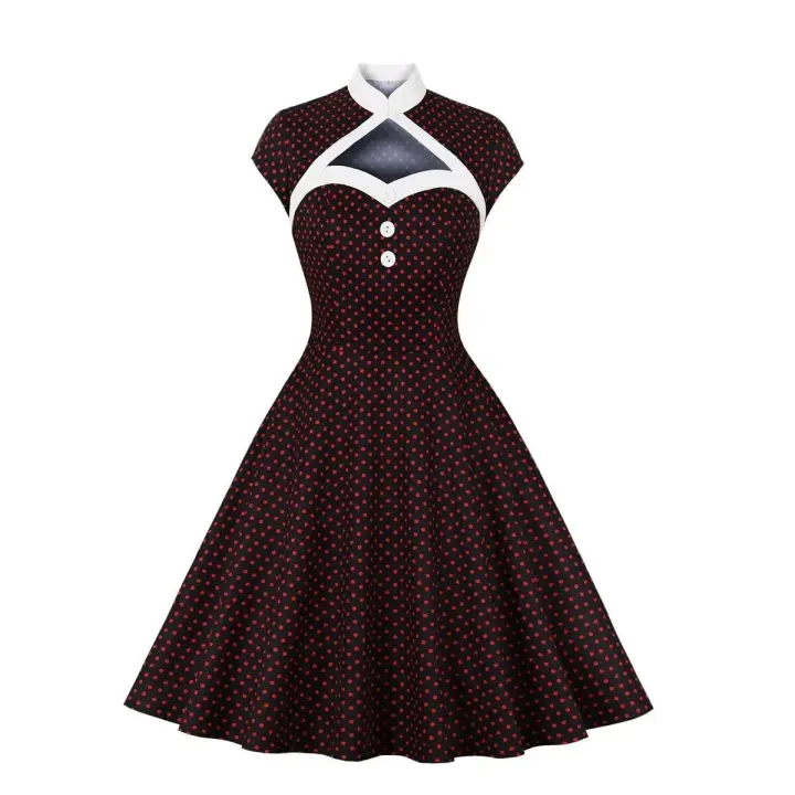 Vestido de Cintura Alta Estilo Hepburn Retro Manga O Pokla con Puntos Ideal para Fiestas 1950s 60s - 1