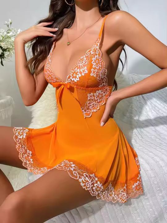 Camisón Corto Sexy con Escote en V Profundo Vestido Bordado Pijamas de Moda Tanga Gratis - 1