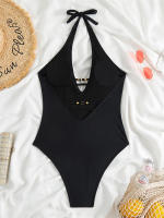 Bañador de una pieza para mujer, traje de baño liso con cuello en V, Monokini Sexy, ropa de playa para verano, 2024 - details 9