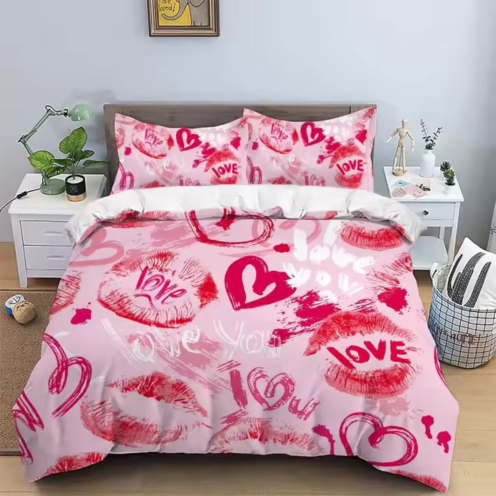 Juego de Ropa de Cama de Corazón de San Valentín Cálido, Amigable con la Piel, Patrón de Corazón con Estampado de Labios Rojos - 1