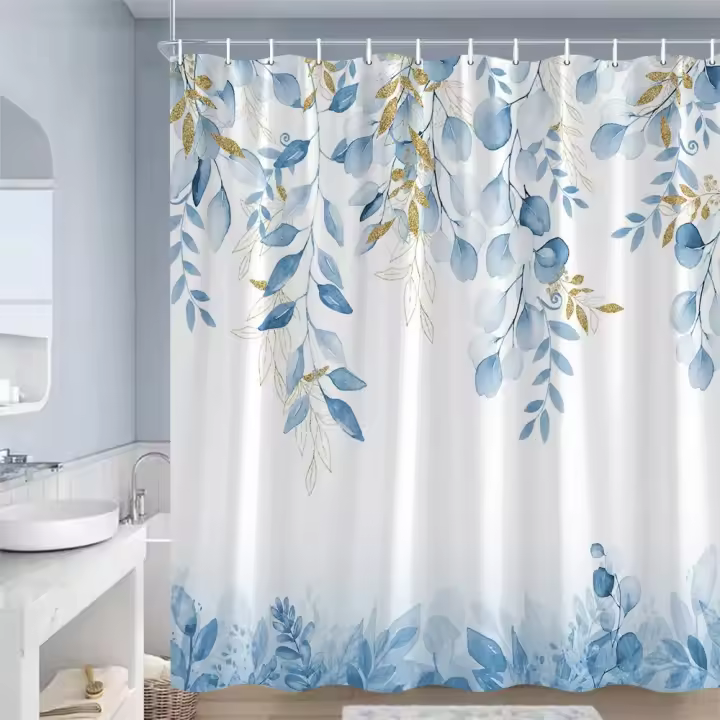 Cortina de ducha de hojas azules, planta de acuarela, hoja de eucalipto, decoración moderna y sencilla para el baño, cortinas de baño de tela con ganchos - 1