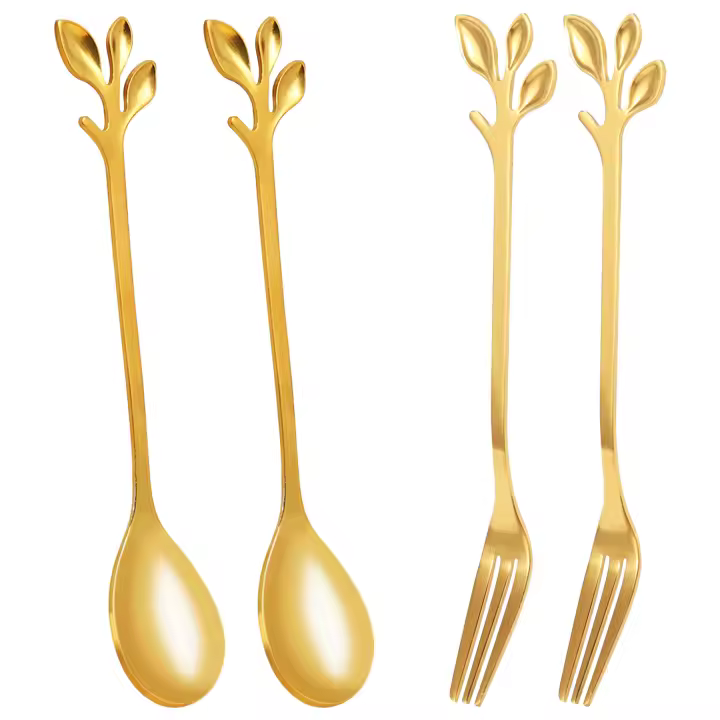 Vajilla de hoja dorada, cuchara de café, tenedor, paquete de 4 (2 cucharas, 2 tenedores), cuchara Espresso pequeña Demitasse y tenedores de postre de aperitivo - 1
