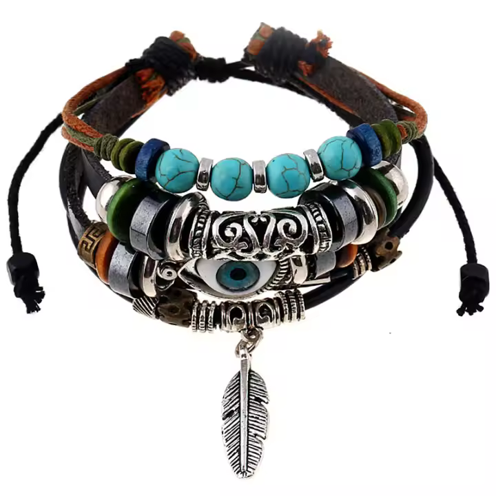 Pulsera de cuero ojos azules cuentas multicapa, pendientes de plumas estilo étnico, regalos para hombre - 1