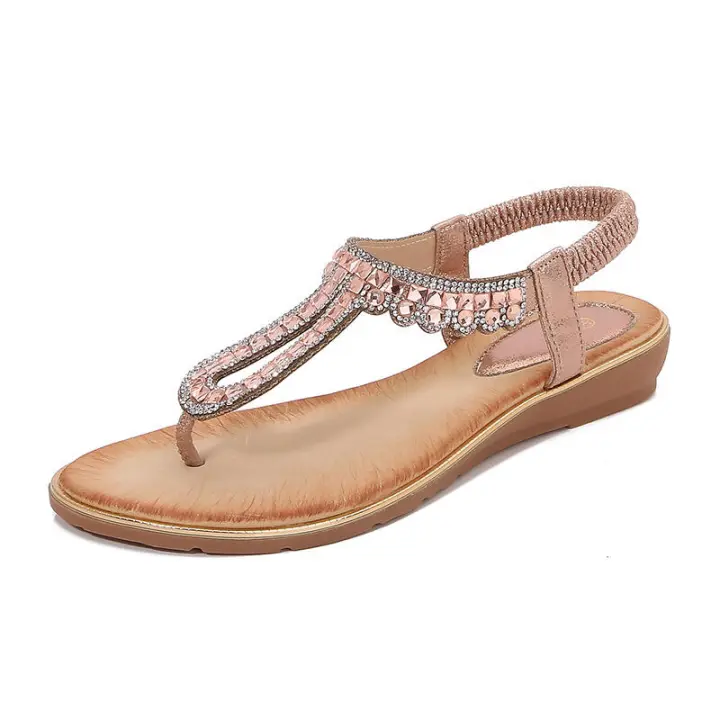 Sandalia 2025 sandalias de pedrería con punta redonda, tacón plano, estilo ahuecado, zapatos de mujer cómodos para el verano - 1