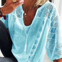 Blusa de Lino y Algodón para Mujer Cuello en V, Manga 3/4, Blusa Holgada Informal, Moda Diaria - details 10