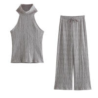 - Conjunto de tres piezas de chaleco de punto informal, top + pantalones largos rectos con cordón delgado para mujer, moda de verano - details 2