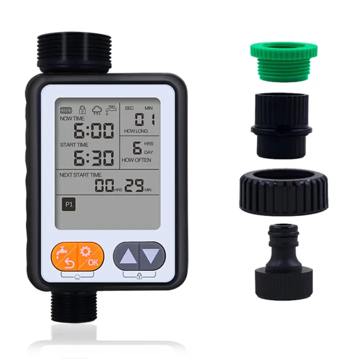 Temporizador de riego de jardín resistente al agua programa múltiple controlador de riego automático operado por batería Sensor de lluvia pantalla grande - 1