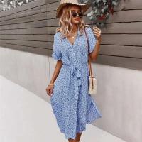 Verano Mujer ral estampado pantalón corto Casual manga botón vacaciones Midi vestidos mujer cuello pico playa vestido bata - details 3