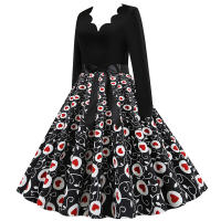 Women plaid print long sleeve vintage a line party dress v neck - details 154