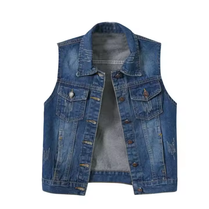Combhasaki Vintage Y2K Chaquetas sin mangas para mujer, cuello con solapa rasgada, botones, tops vaqueros, chaleco de bolsillo, ropa de calle - 1