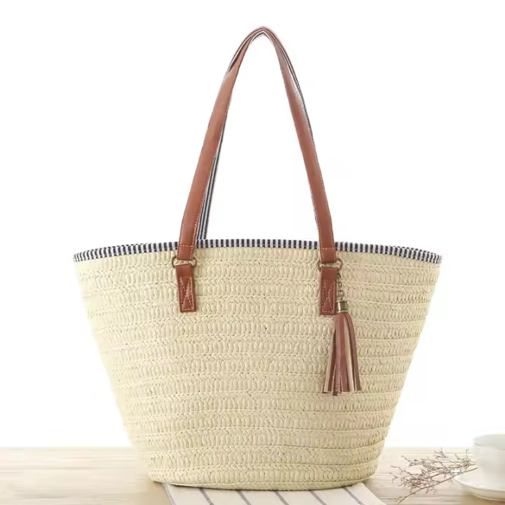 Bolso de playa tejido de hierba con borla colgante para mujer, un hombro, Simple, a la moda, nuevo - 1