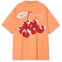 Camiseta de Mujer de Algodón con Estampado de Cerezas Cuello Redondo, Manga Corta, Moda Callejera Fresca y Delicada - details 14