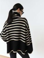 Autumn winter vintage women sweater casual striped turtleneck loose knitted split top pullovers - details 2