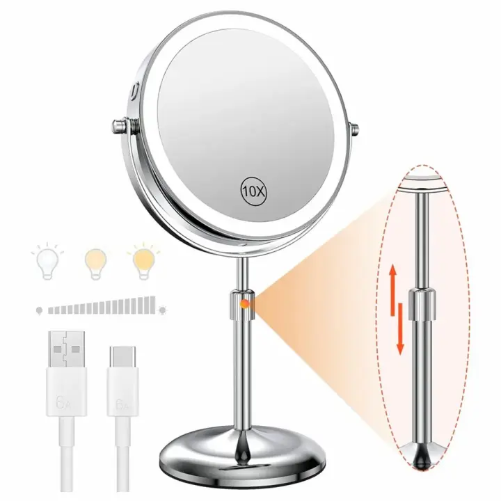 Espejo de Maquillaje con Luz 8 Pulgadas, 10X de Ampliación, 3 Luces de Color, Brillo Ajustable, Soporte Altitudinal - 1