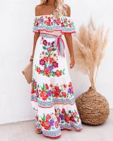Vestido Largo para Mujer Verano 2025 Escote Palabra de Honor con Estampado de Flores Rojas - details 5