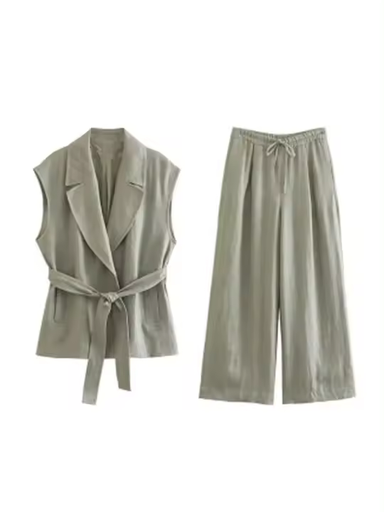 Conjunto informal de 2 piezas para mujer, combinado con una chaqueta con cinturilla, pantalones anchos y adornos de encaje de color liso - 1