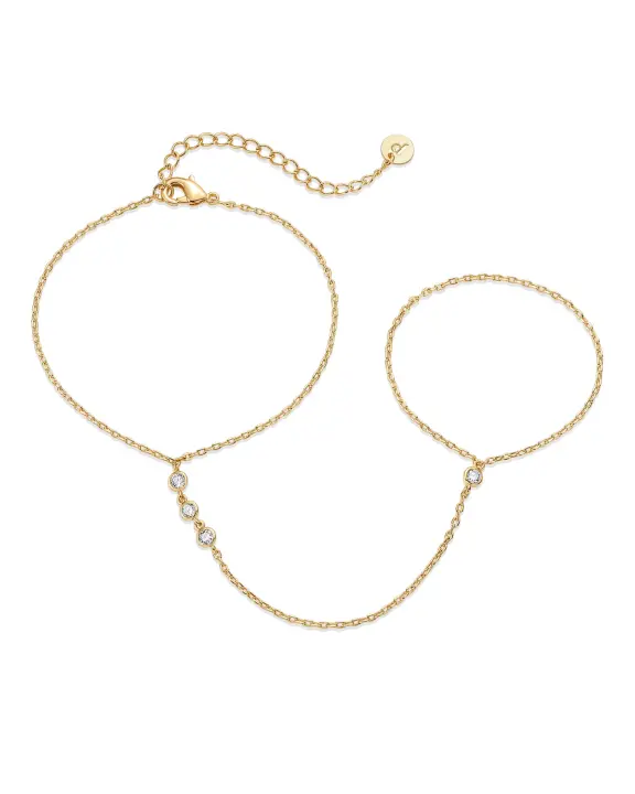 Pulsera de cadenas de mano chapada en oro amarillo de 14 quilates para mujer |   Delicada pulsera de circonita cúbica y joyería para el cuerpo con cadena de anillo - 1