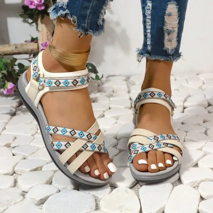 Sandalias Planas de Moda de Verano para Mujeres Zapatos Deportivos al Aire Libre con Suela Antideslizante y Malla Transpirable Zapatos de Gancho y Bucle con Punta Abierta en Azul Marino - 1
