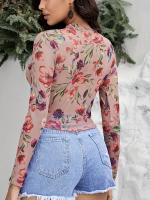 Nueva camiseta de manga larga impresa elegante del ajuste del oído de madera de la flor, las tapas flacas de las MUJERES - details 4