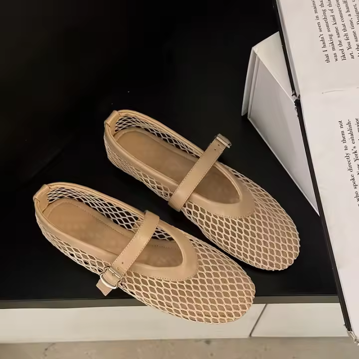 En verano, usar punta redonda, hebillas rectas, informales y cómodas, zapatos planos de mujer, zapatos individuales Mary Jane recortados, zapatos de red - 1